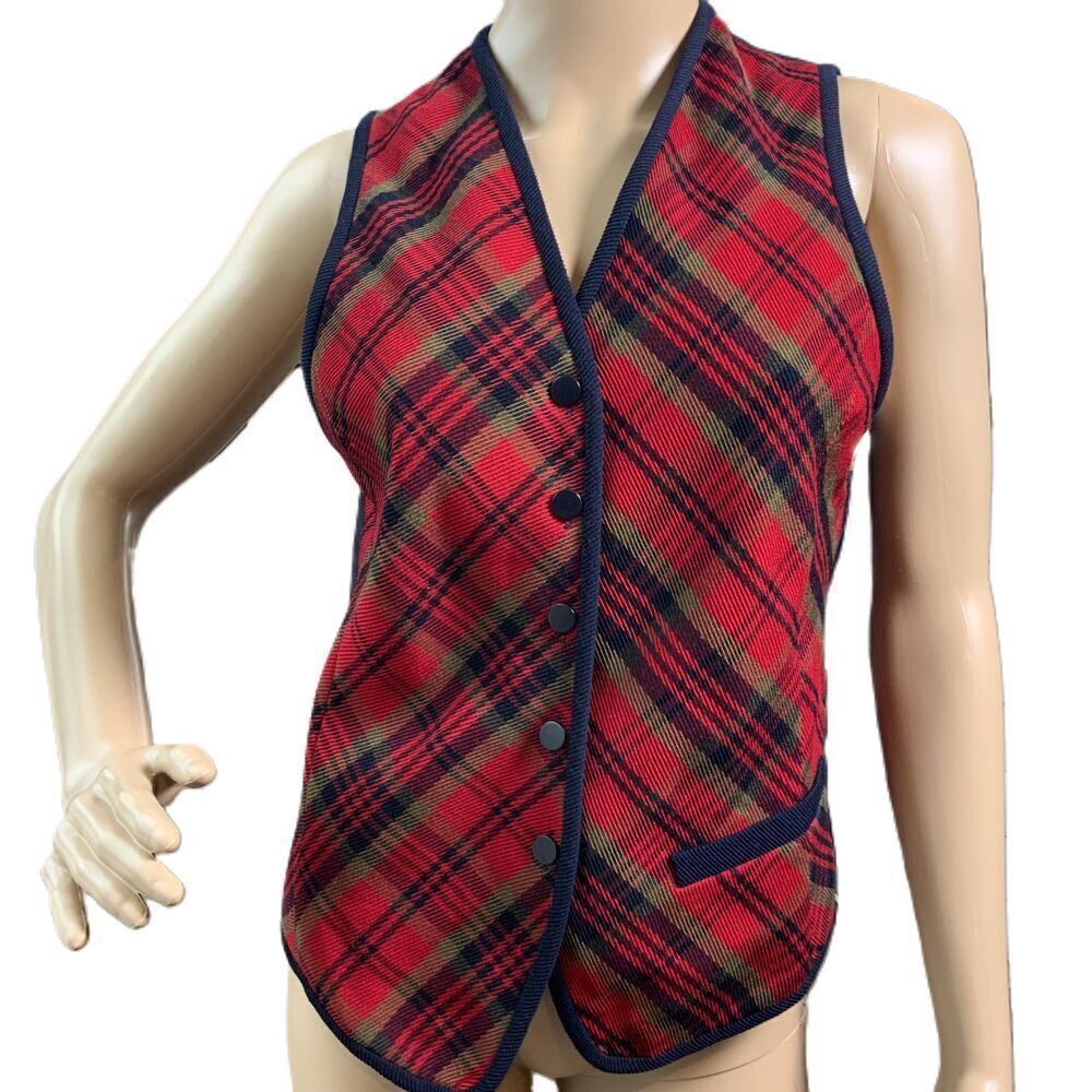 Linda Allard Ellen Tracy Red Plaid ButtonUp Sleeveless Vest Sz 4 Preppy Academia